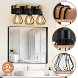 IZORRO Farmhouse Bathroom Vanity Light Fixtures, 3-Light Wood Bathroom Lighting Fixtures Over Mirror, Black Rustic Industrial Sconces Wall Lights with Metal Lampshade for Living Room, Bedroom IZORRO