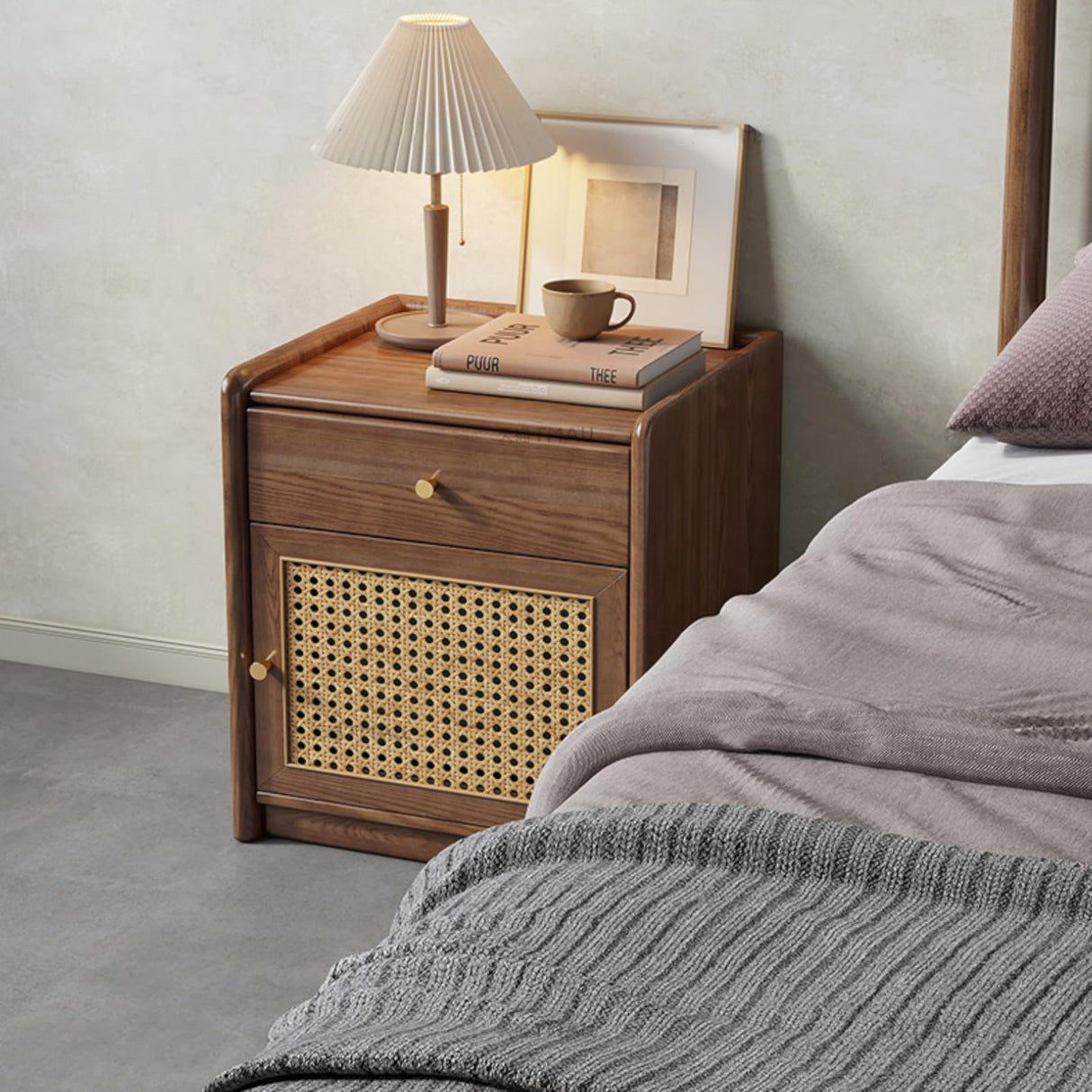 ETACHI Stylish Nightstand Side Table with Hidden Safe, Ash Wood Bedside Table with Gun Safe for Pistol, Protect Your Pistal and Valuables (Brown) ETACHI