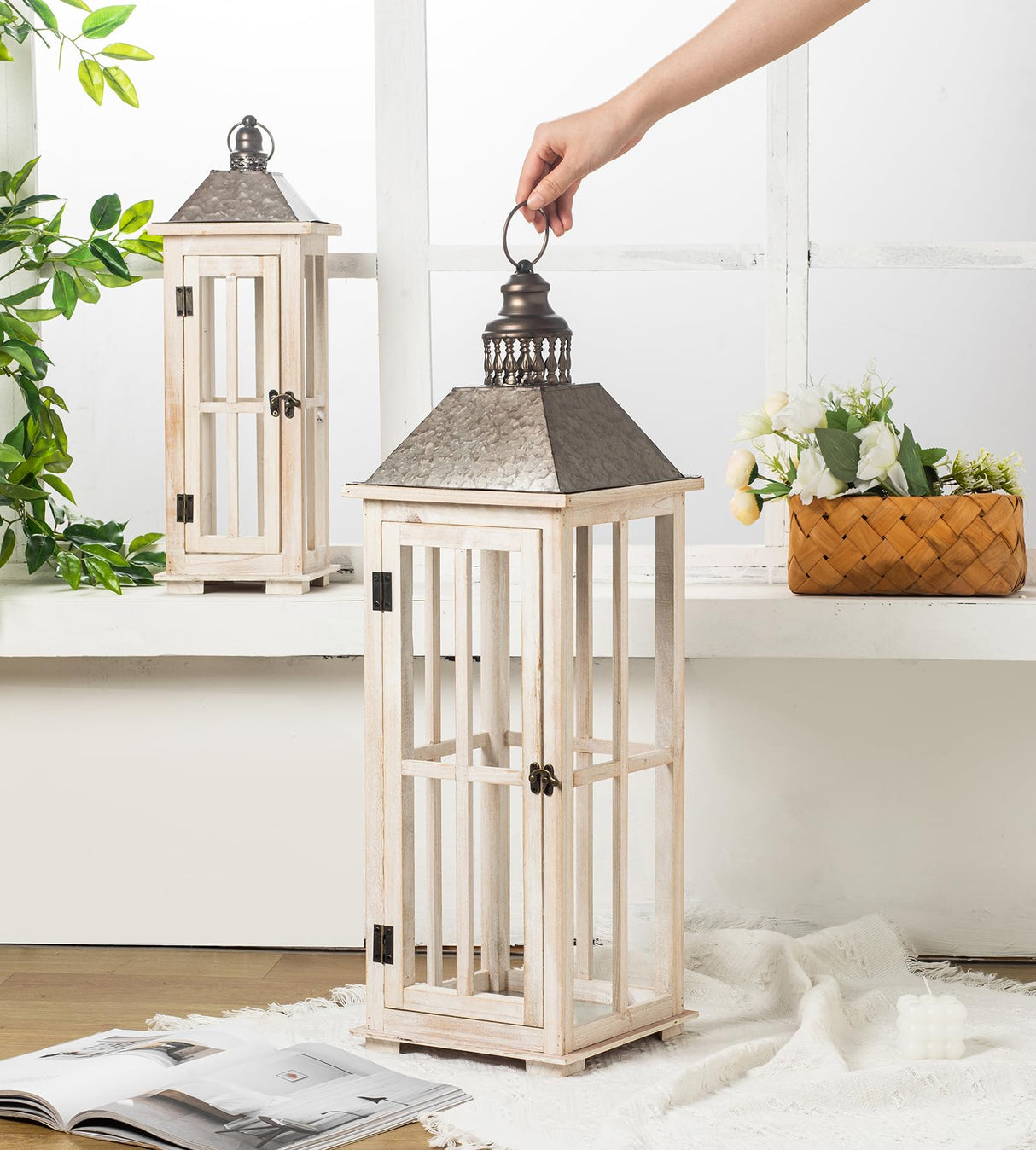 TIMRIS Large Rustic Wooden Decorative Lantern Set of 2, Modern Farmhouse Distressed Whitewash Floor Candle Lanterns, Indoor/Outdoor Hanging Lanterns for Home Decor (No Glass) TIMRIS