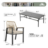 9 Pieces Patio Dining Set, 8 x Woven Rattan Chairs with Waterproof Cushion, 83" Rectangular Metal Dining Table with Umbrella Hole, Outdoor Table and Chairs Set for Backyard Lawn and Deck, Beige SUNSHINE VALLEY