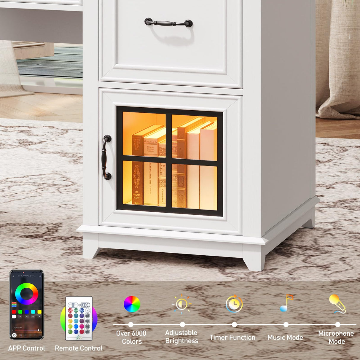 RALGEND 58" Farmhouse Executive Desk with Drawers, Wooden Home Office Desk with Power Outlet & LED Light, Computer Desk with File Drawer and Cabinet, Workspace for Study, White and Walnut RALGEND