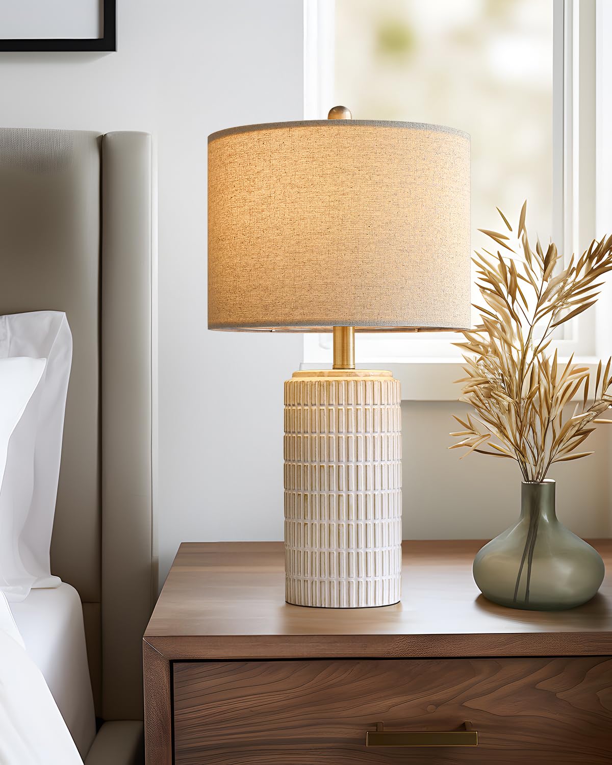 PoKat 23'' Bedside Table Lamp for Bedroom Nightstand - Ceramic Lamp for Living Room, White Night Stand Light Lamp with Round Linen Shade, Modern Bedroom Lamp Beige PoKat