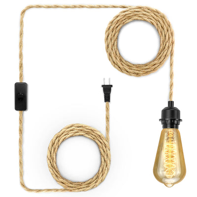 LYOOWNG Plug in Pendant Light Cord, Farmhouse Hanging Lights with Plug in Cord, 15FT Hemp Rope Plugin Hanging Light Cord Kit with On/Off Switch, E26 E27 Light SocketCord for HangingLight