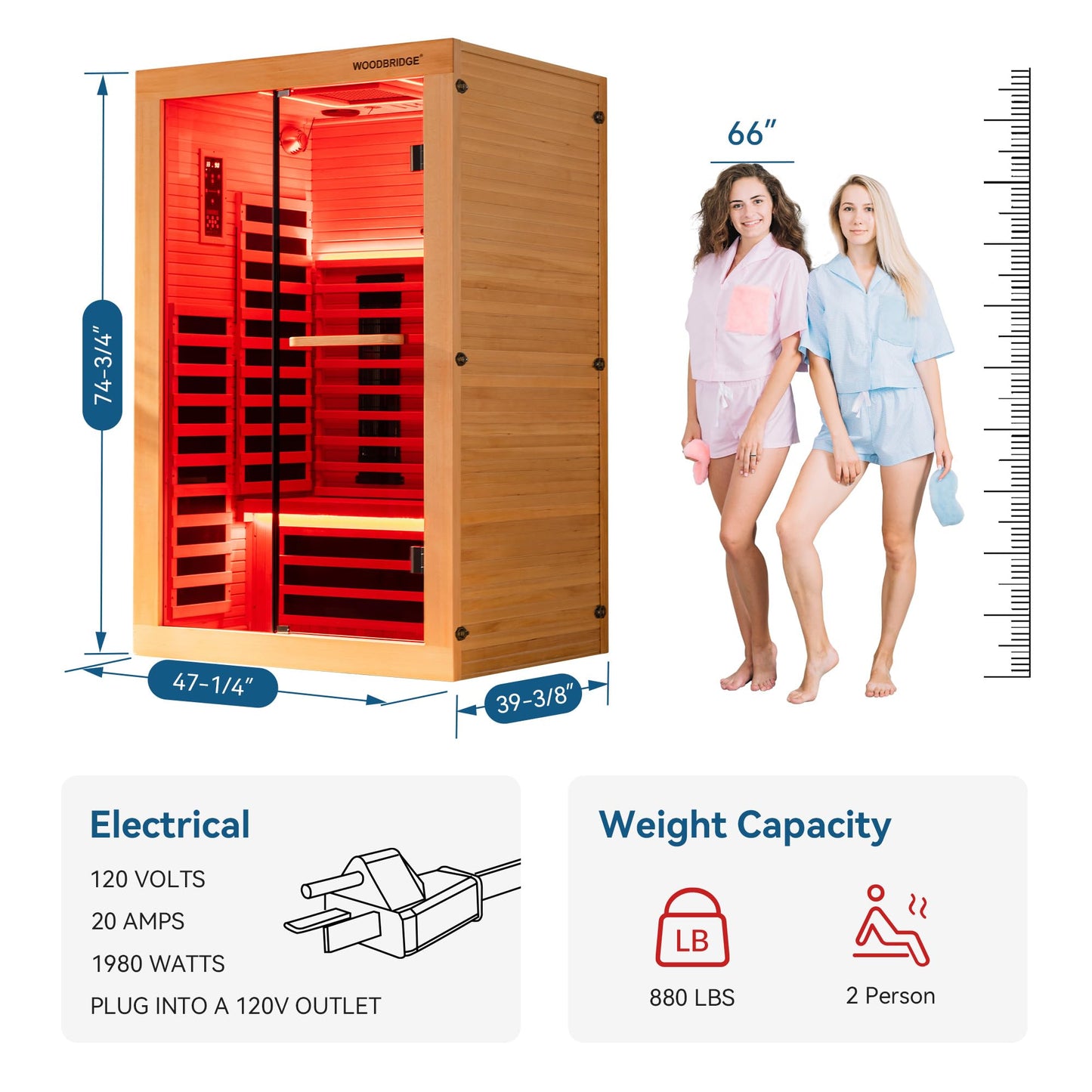 WOODBRIDGE Infrared Home Sauna Room 2 Person Hemlock Wooden Indoor Sauna,7 Carbon 1980W/120V Heaters,with Led Color Therapy Light,Bluetooth Speaker,Tempered Glass,Touch-Tone Keypad and A Top Vent