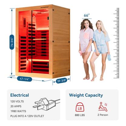 WOODBRIDGE Infrared Home Sauna Room 2 Person Hemlock Wooden Indoor Sauna,7 Carbon 1980W/120V Heaters,with Led Color Therapy Light,Bluetooth Speaker,Tempered Glass,Touch-Tone Keypad and A Top Vent