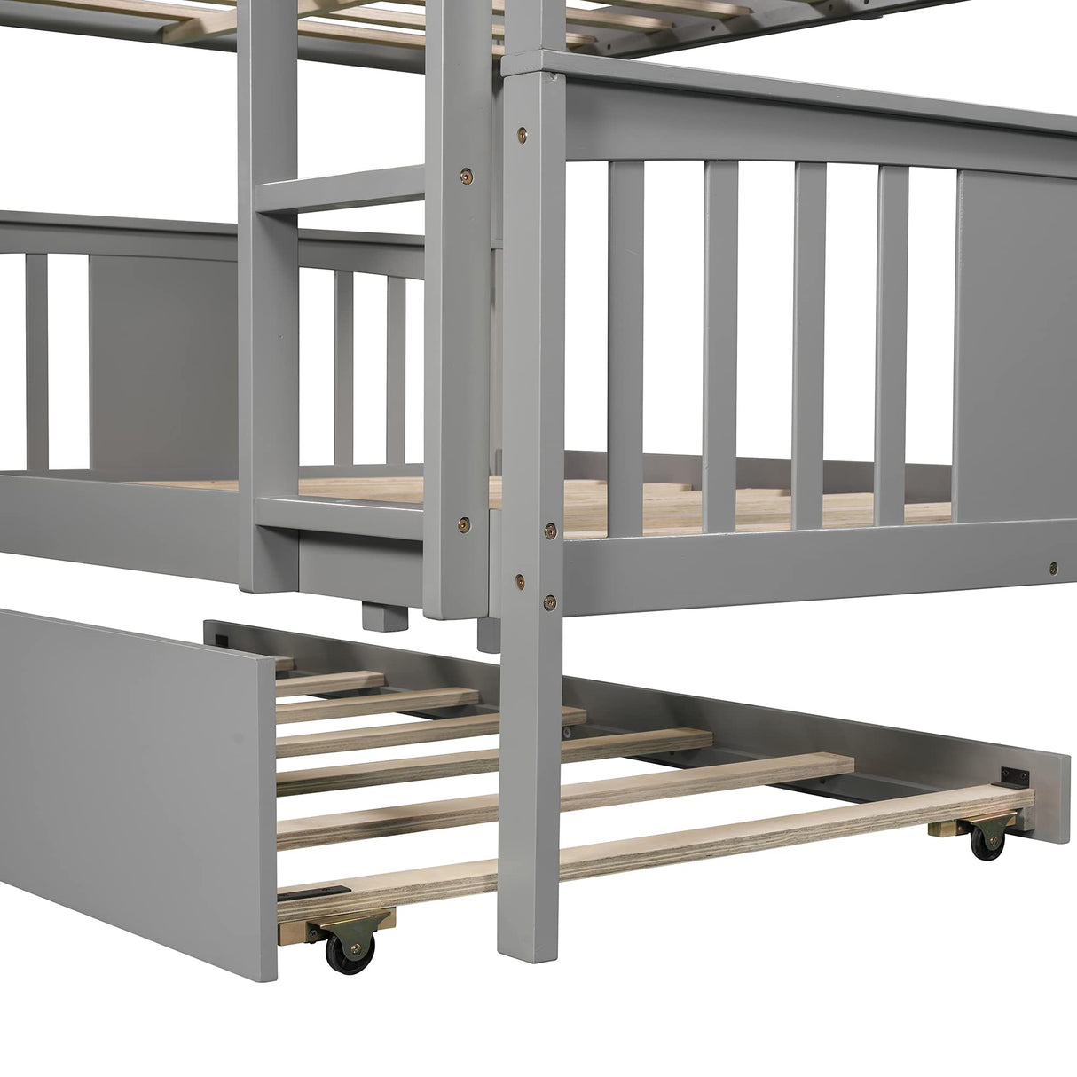 Ball & Cast Full Over Full Bunk Bed with Twin Size Trundle and Ladder,Wood Bunkbed w/Slat Support & Full-Length Guard Rail,Space Saving,Bedframe Furniture for Student Dorms,Studio,Gray Ball & Cast