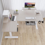 bilbil L Shaped Electric Standing Desk with Drawer, 62x47 Inches Adjustable Height Sit Stand Up Desk with Storage Shelf, Pale Pearwood Top/White Frame bilbil