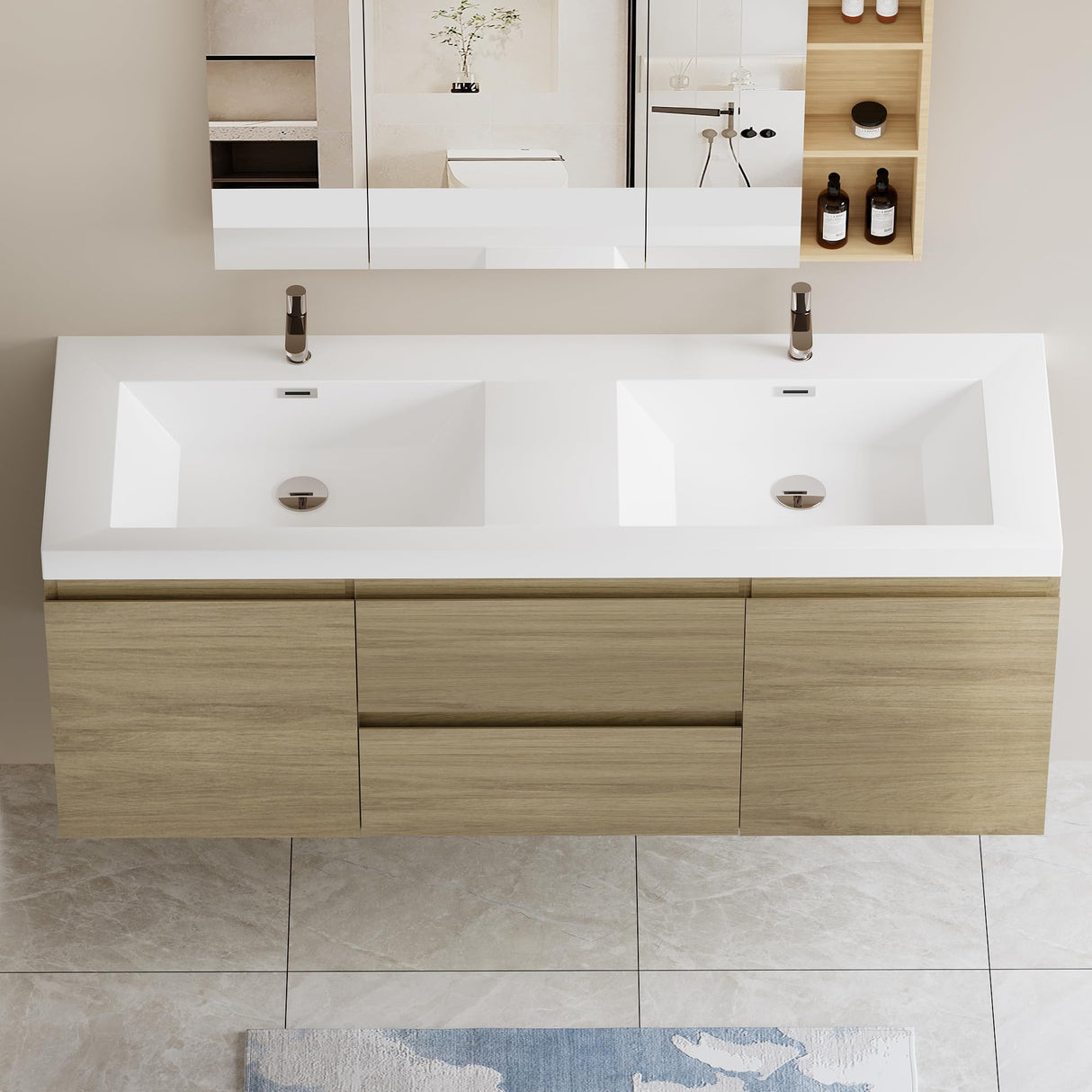 Star20XX 60 Inch Floating Bathroom Vanity with Double Sink, Modern Wall-Mounted Bathroom Storage Vanity Cabinet with Double Resin Top Basins and 4 Soft Close Drawers, Natural Oak Star20XX