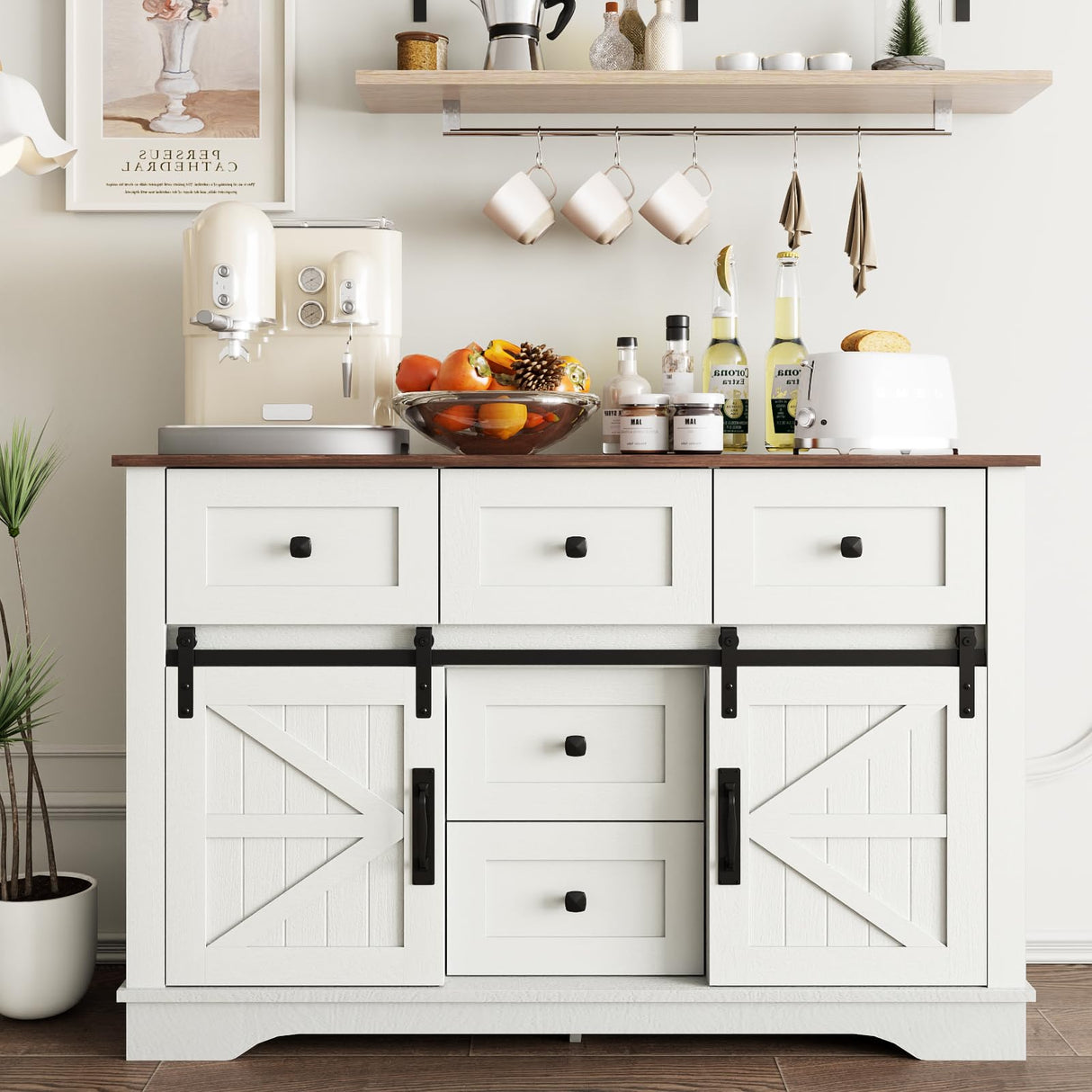 Vabches White Farmhouse Buffet Cabinet with Sliding Barn Doors and 5 Drawers Vabches