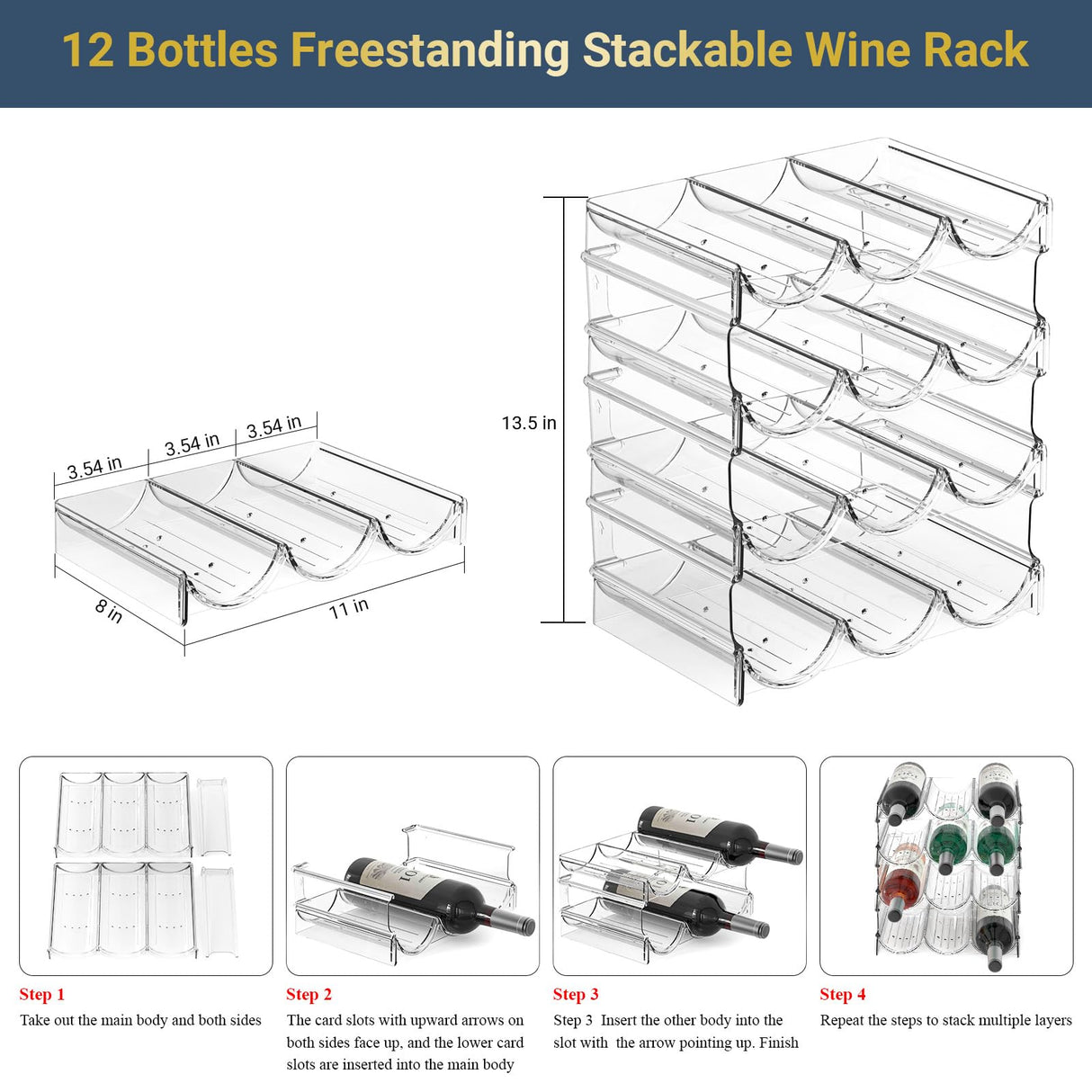 Plastic Water Bottle Organizer and Wine Rack Storage Holder,4 Tier 12 Containers Stackable Free-Standing Bottle Storage Rack for Kitchen Countertops, Table Top, Pantry, Bars, Cabinets, Fridge - Clear Benaep