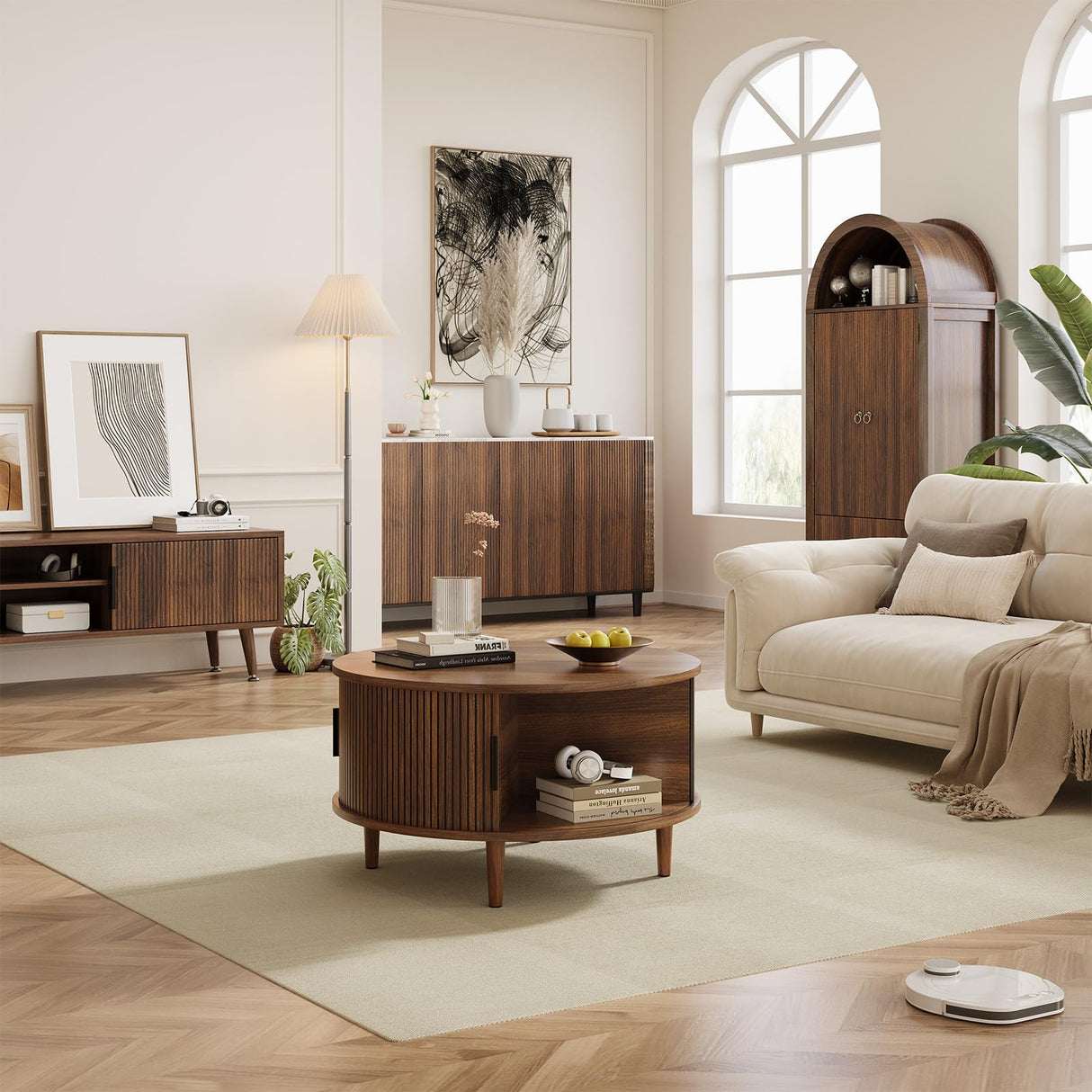 Onogefel Round Coffee Table with Storage, Mid Century Modern Coffee Table, Fluted Dining Table with Sliding Door, Circle Coffee Table for Living Room Home Office, 31.5", Walnut Onogefel