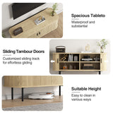 47''W Natural Storage Cabinet, Media Console, Tambour TV Stand, Television Stands with Curvy Edge & Sliding Door, Fluted Cabinet, Buffet Sideboard, Credenza, Table Stand for Living Room, Kitchen FiveWillowise