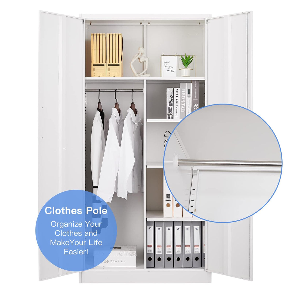 Yizosh Metal Armoire Wardrobe Closet Cabinet for Hanging Clothes with Lock Doors, -72" Steel Lockable Wardrobe Storage Locker Clothes Organizer for Bedroom, Laundry Room (White) Yizosh