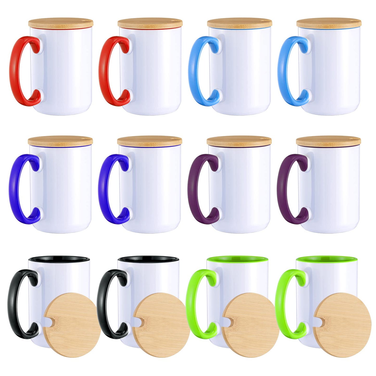 RAINBOWTIE Sublimation Mugs Set of 12, 15 oz Sublimation Mugs Blank with Bamboo Lid, Sublimation Coffee Mugs, Tazas Para Sublimacion, Mug Sets, Coffee Cup with Lid,6 Assorted Colors