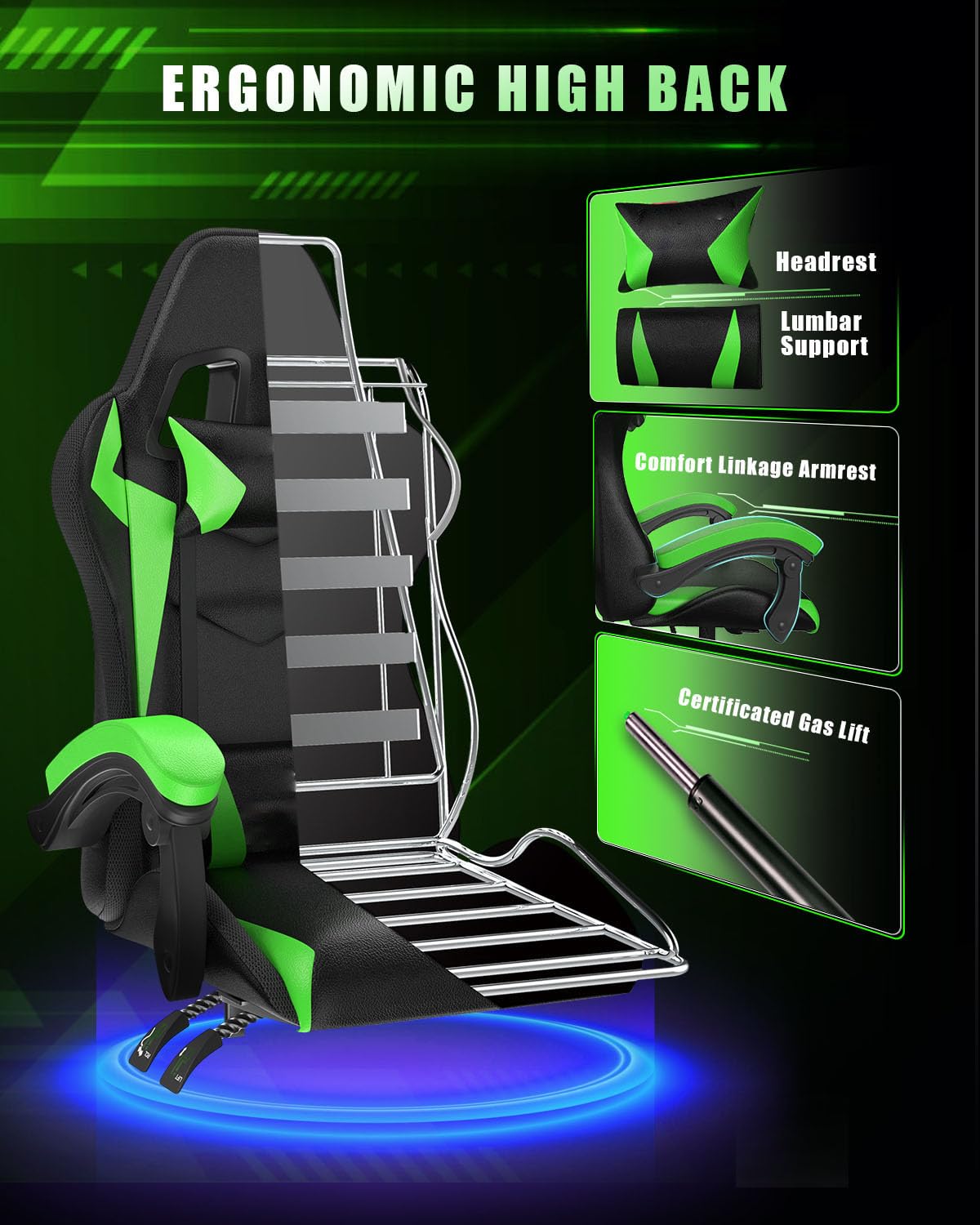 Gaming Chair with RGB LED Lights, Ergonomic Computer Chair for Adults with Headrest and Lumbar Support, Reclining Gamer Chairs with Racing Style, Swivel Seat, Backrest and Adjustable Height, Green