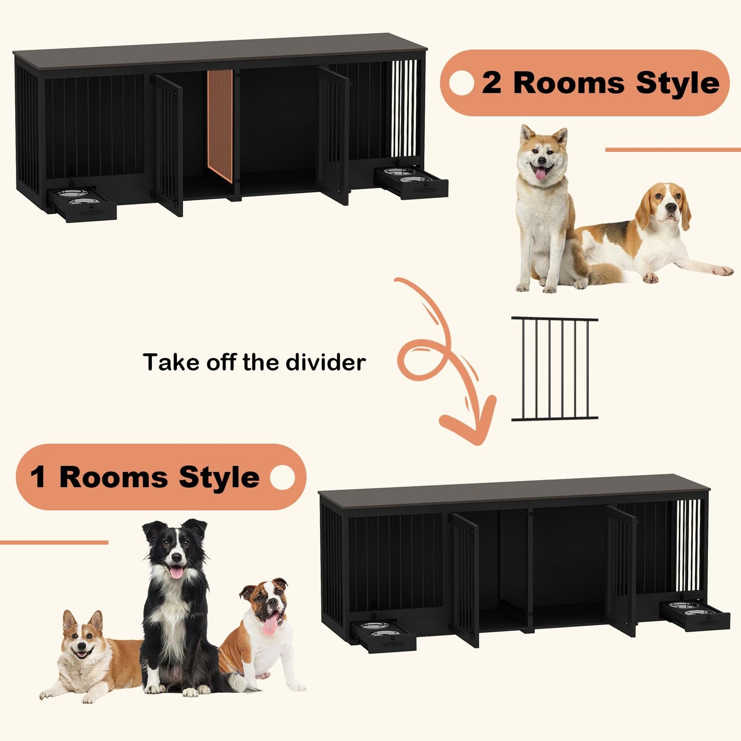 DAWNSPACES Furniture Style Large Dog Crate for 2 Dogs, 86.6" Heavy Duty Wooden Dog Kennel with Dog Bowl Drawers & Divider, Indoor Furniture Style Dog Kennel for Large Medium Dogs, Black