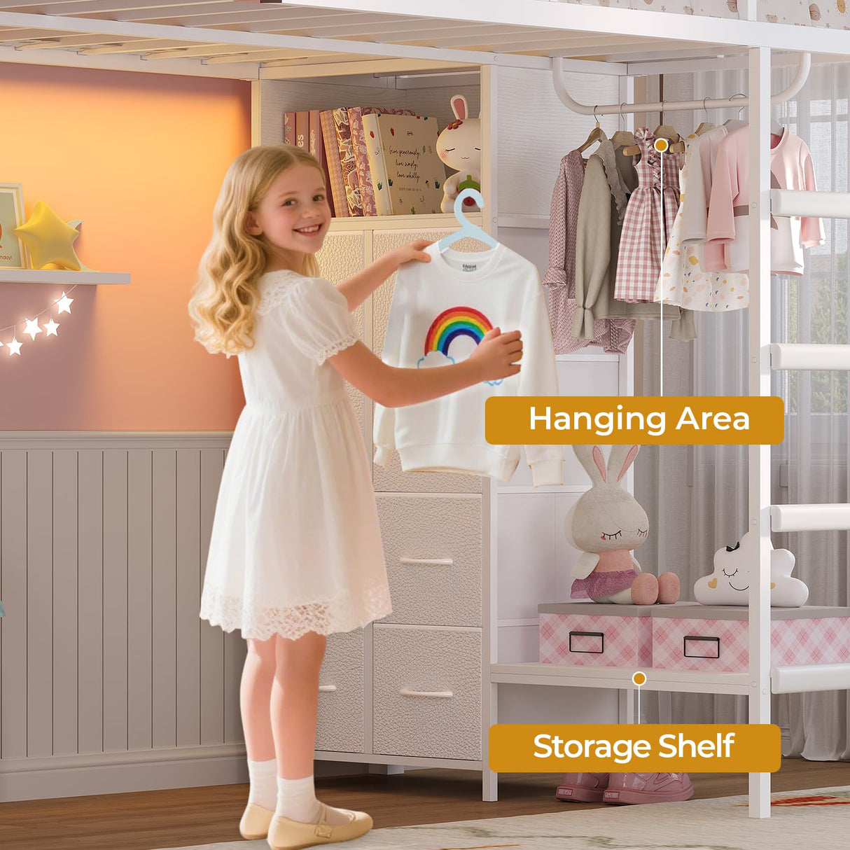 ADORNEVE Bunk Bed Twin Over Twin Size with 8 Storage Drawers, Twin Bunk Beds with Led Lights & Storage Shelves, Metal Loft Bed with 13.4" H Safety Guardrail & Ladder, for Kids & Teens, White ADORNEVE