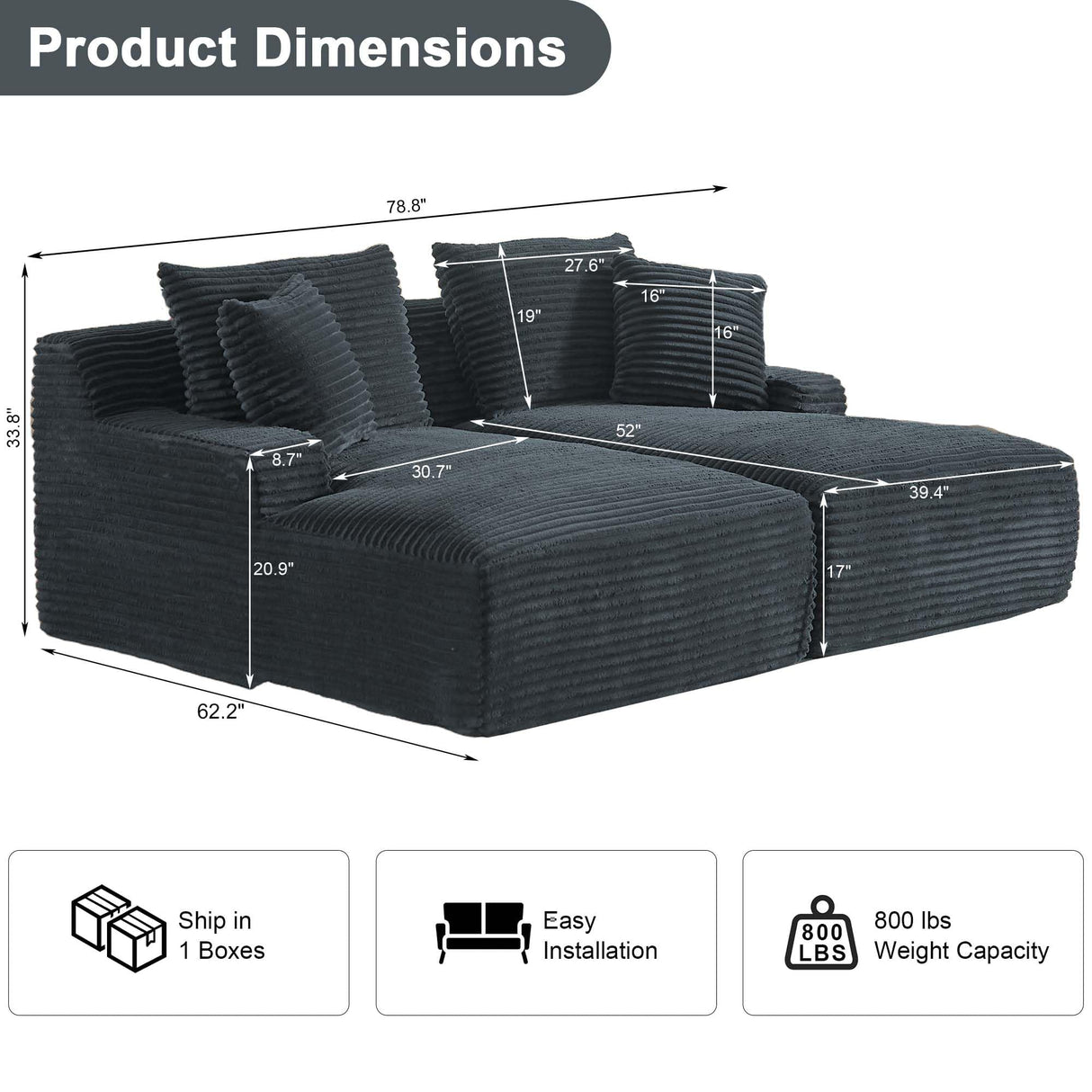 Tmsan 78.8" Oversized Boneless Double Chaise Lounge Sofa Indoor, Modern Compressed Corduroy Upholstered Sectional Cloud Couch Loveseat Sleeper Bed, Comfy Floor Chair for Living Room Apartment Office Tmsan