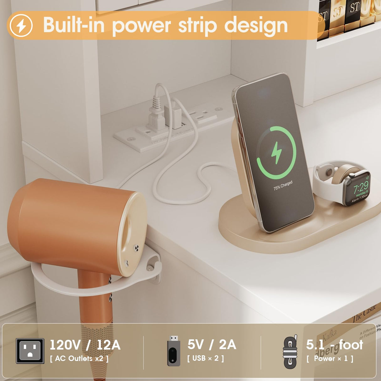 Vanity Desk with Mirror and Lights,Makeup Vanity Table with Cushioned Stool and Charging Station,3 Lighting Modes Adjustable Brightness,Drawers,Power Outlet,Shelves,White Maupvit