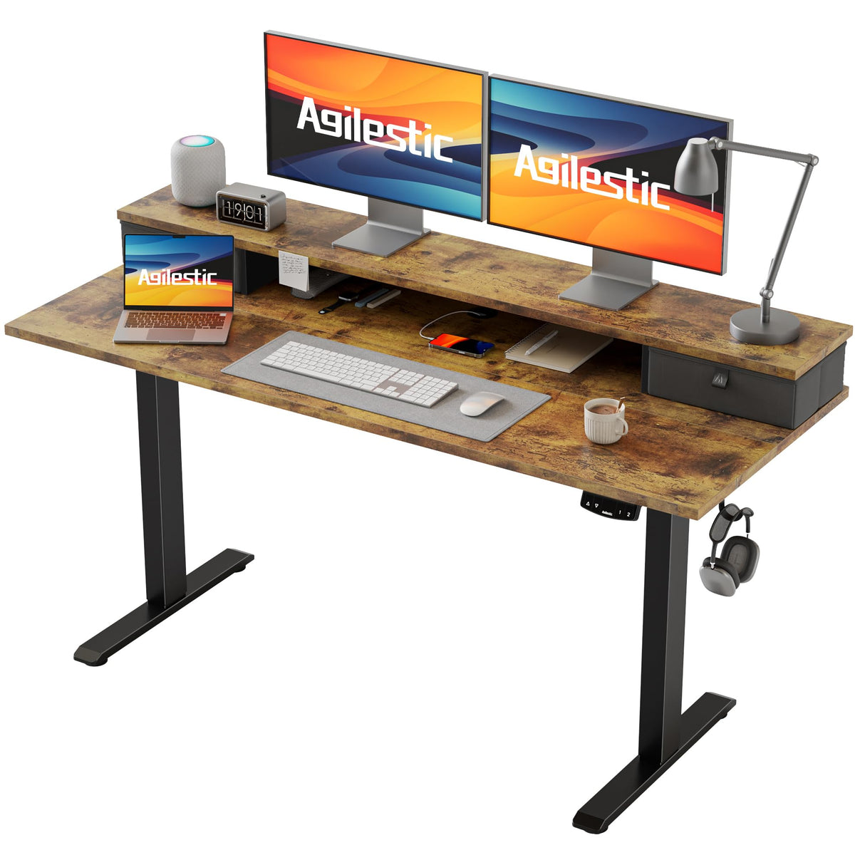 Agilestic 53 x 24 Inches Height Adjustable Electric Standing Desk with 2 Drawers, Stand Up Electric Desk Adjustable Height, Sit Stand Computer Gaming Table with Splice Board, Rustic Brown Agilestic