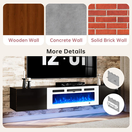 oneinmil Floating TV Stand with 36" Electric Fireplace, Wall Mounted Fireplace Entertainment Center with Storage, 70" TV Console with Fireplace, Floating TV Cabinet, Black+White oneinmil