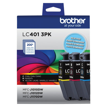 Brother Genuine LC401 Standard Yield 3-Pack Ink Cartridges â€“ Includes 1 Cartridge Each of Cyan, Magenta and Yellow , 3 Count (Pack of 1)