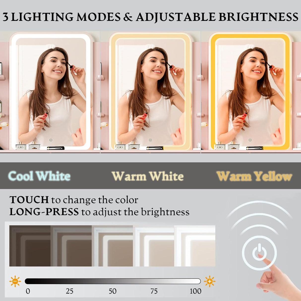 Vanity Desk with LED Lights Mirror & Power Outlet, Small Makeup Vanity Table Set with Storage Drawers & Chair, 3 Lighting Modes & Adjustable Brightness, Dressing Table for Women Girls Bedroom, Pink Xixini