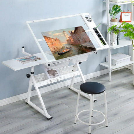 LifeSky Drafting Table Adjustable for Artists - Art Drawing Desk with Storage for Painting Sketching - Glass Top for Painters Illustrators Cartoonists White LIFE SKY