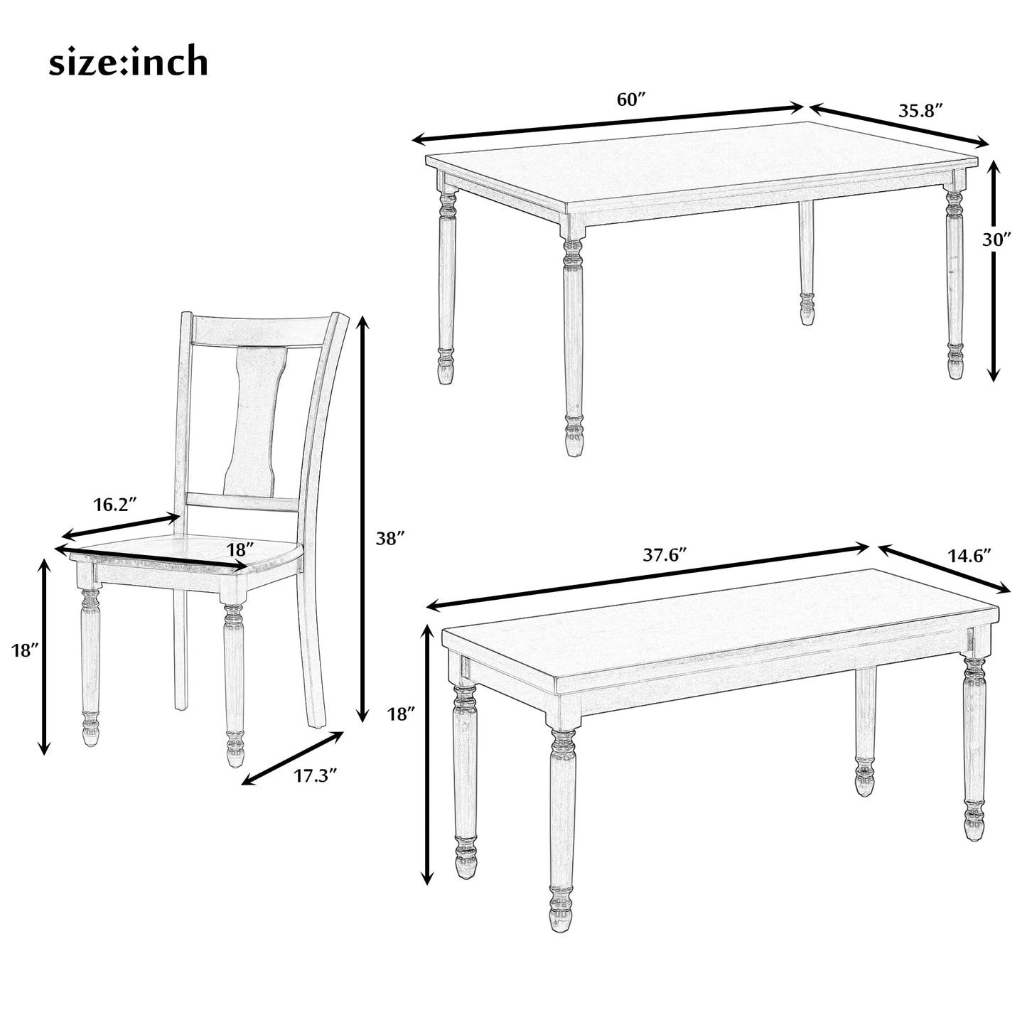 WOZNLA 6-Piece Farmhouse Rustic Kitchen Dining Table Set for 6 - Rectangular Wood Table, 4 Chairs, 1 Bench - Perfect for Family Gatherings and Stylish Meals