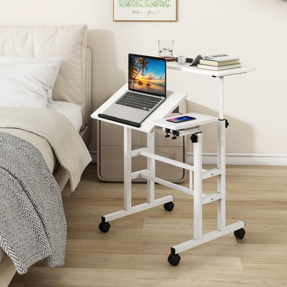 Tangkula Mobile Standing Desk Stand Up Desk, Height Adjustable Home Office Desk with Standing & Seating 2 Modes, Tilting Tabletop & Flexible Wheels, Rolling Laptop Cart Sit Stand Desk (White)