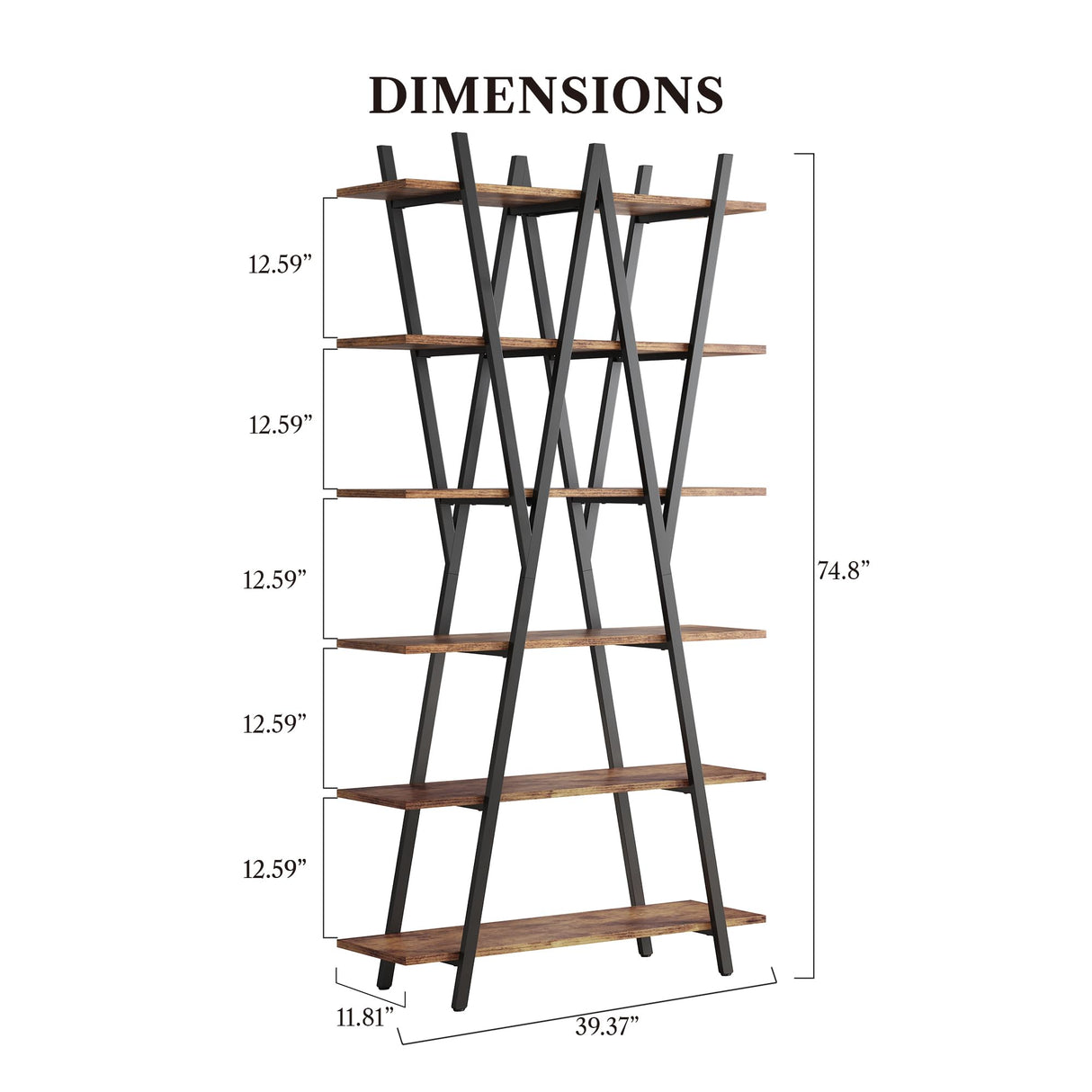 LIKEMET 74 Inch Industrial Tall Bookshelf, 6 Tier Bookshelf, Free Standing Open Book Shelves Storage Display Shelf, Book Shelf for Living Room, Home Office, Rustic Brown LIKEMET