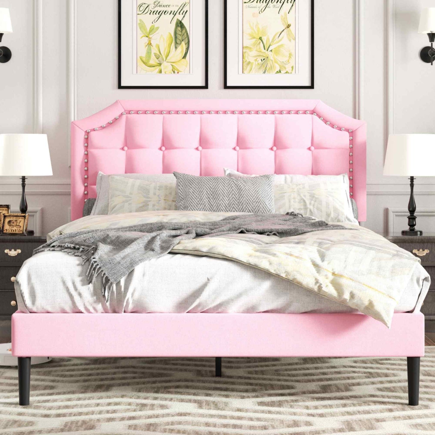 CXVX Queen Size Platform Bed Frame with Headboard, Button Tufted & Rivet Design, No Box Spring Needed, Easy Assembly, No Noise, Pink Velvet