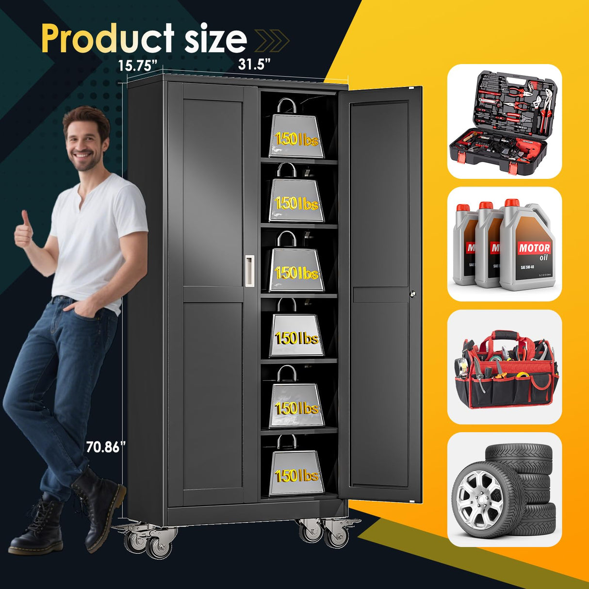 PAOFIN 75''H Metal Garage Storage Cabinet with Wheels,Steel File Cabinets with 2 Doors and 5 Adjustable Shelves for Home Office, Warehouse, Required Assembly,Black PAOFIN