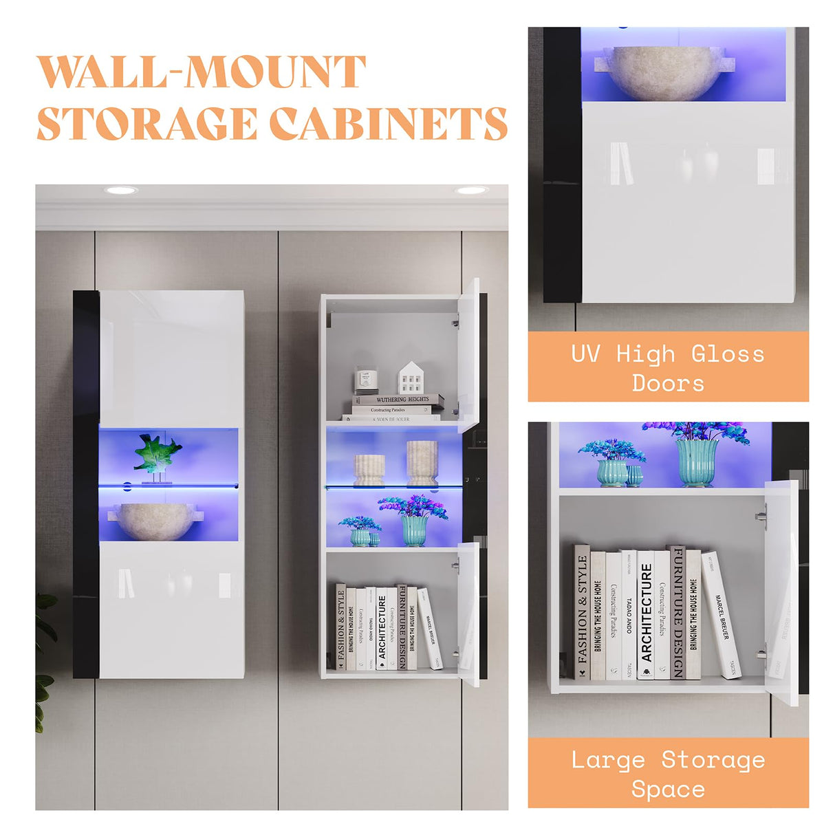 AMERLIFE 3 Piece Modern Wall Unit Entertainment Center Set, High Gloss 70" Fireplace TV Stand with 36" Electric Fireplace, 2 LED Wall Cabinets with Storage for Living Room, White AMERLIFE