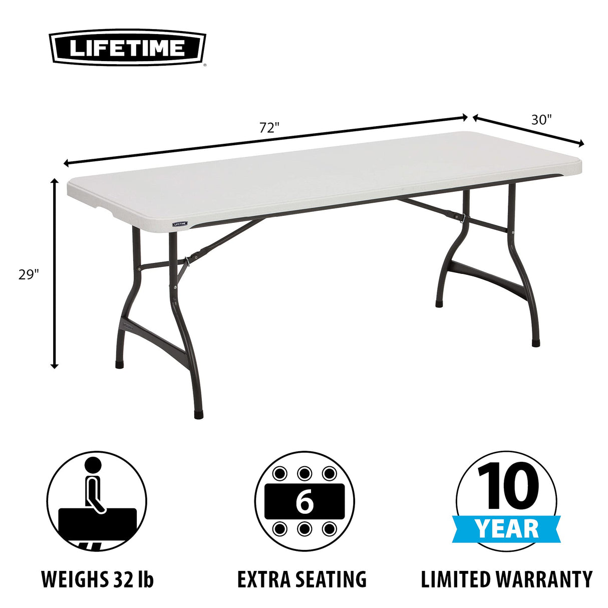 Lifetime 80306 Commercial Stackable Folding Table, 6', White Lifetime