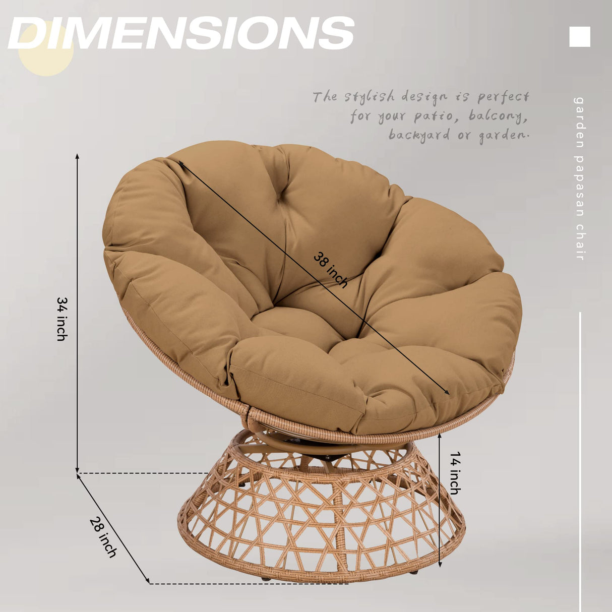 38'' 360 Degree Swivel Wicker Papasan Chair with Cushion and Base - Thickened Rattan Swivel Papasan Chair with Soft Cushion and Durable Frame, Oversized Reading Chair for Living Room, Camel MeetLeisure