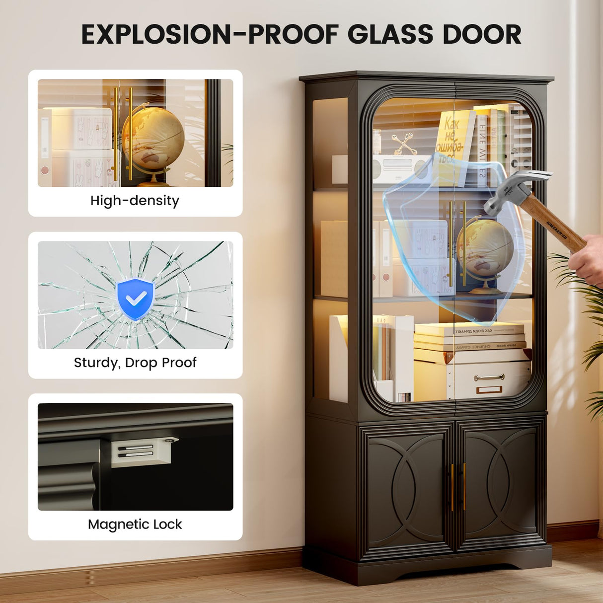 Lareth Display Cabinet with Glass Doors, 69 in Tall Bookcase with LED Lights, Curio Storage Cabinet|Kitchen Pantry Cabinet, 5 Tier Glass Display Case for Living Room, Home Office, Black Lareth