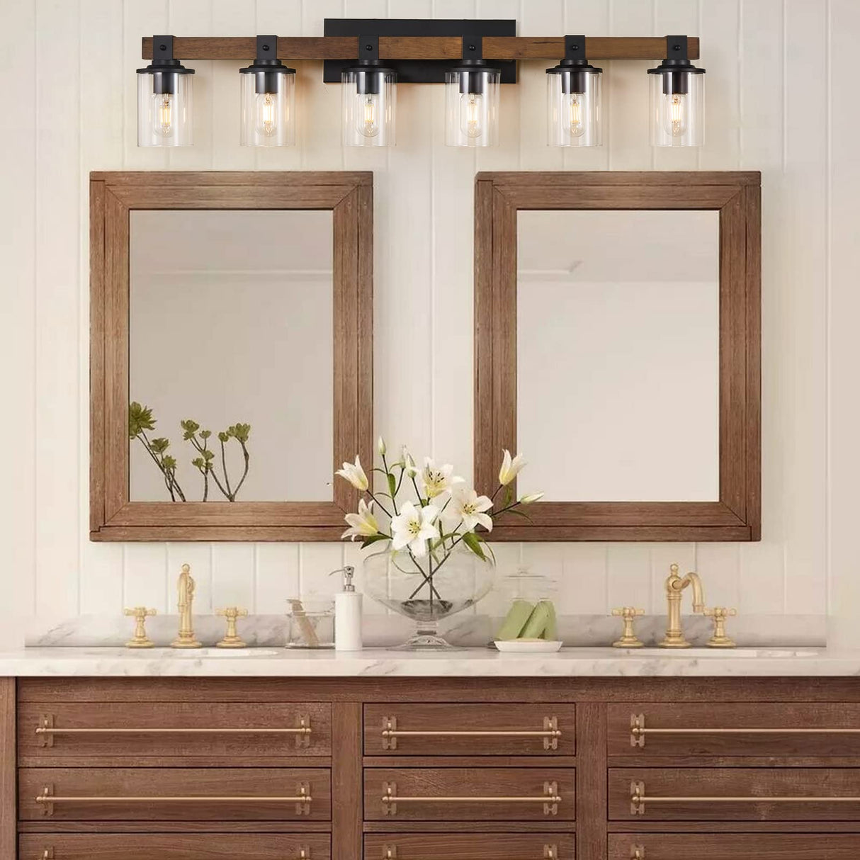 DADUL 6-Light Bathroom Vanity Light, Farmhouse Bathroom Light Fixtures Over Mirror, Classic Wood Vanity with Clear Glass Shade, Black Wall Sconce for Bathroom, Bedroom DADUL