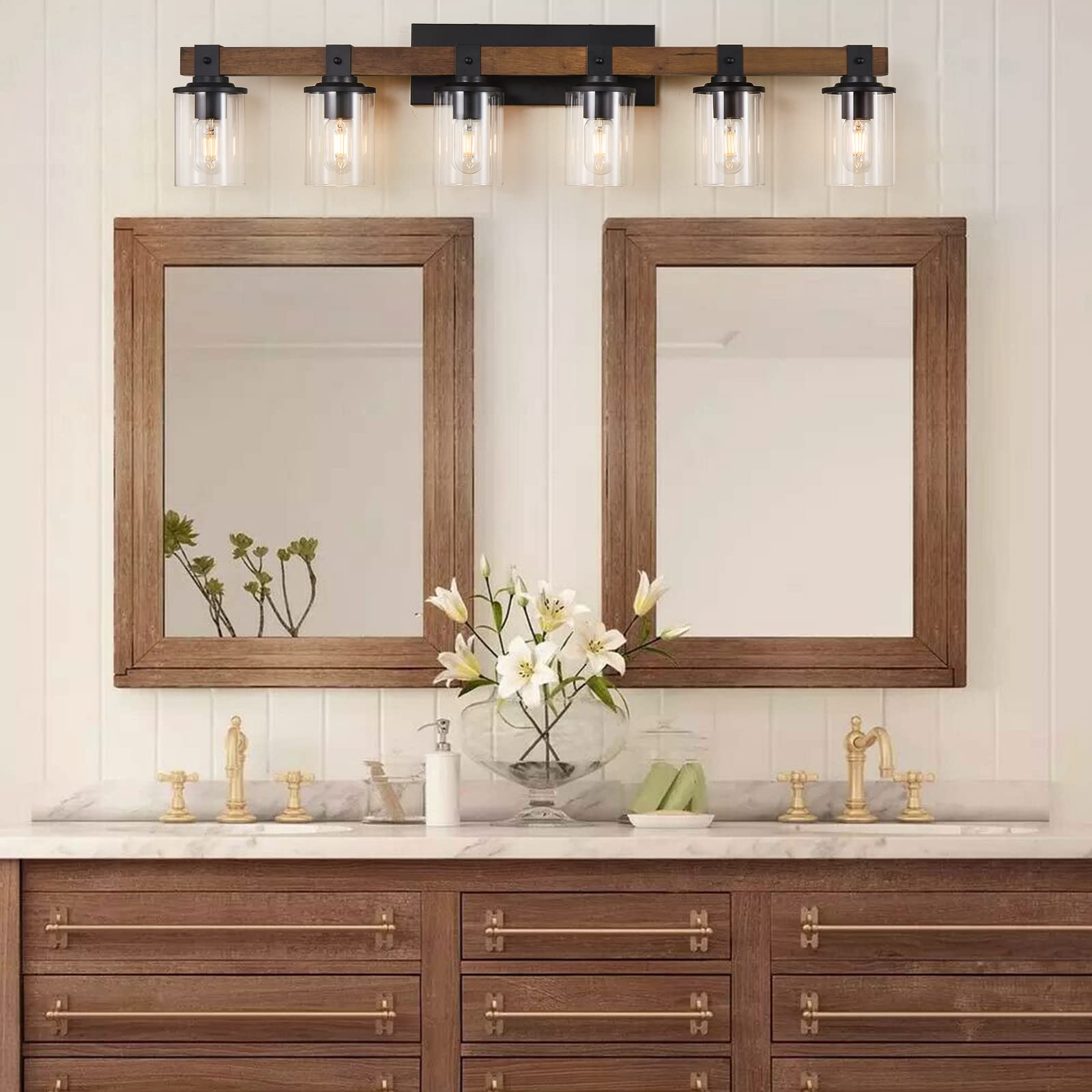 DADUL 6-Light Bathroom Vanity Light, Farmhouse Bathroom Light Fixtures Over Mirror, Classic Wood Vanity with Clear Glass Shade, Black Wall Sconce for Bathroom, Bedroom - WoodArtSupply