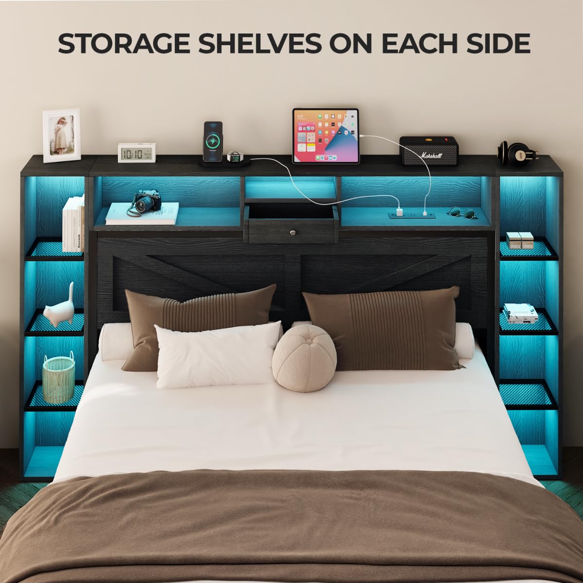 Siihnon Queen Bed Frame with Bookcase Headboard and Bedside Storage, Black Farmhouse Bed Frame Queen Size with Charging Station and LED Lights, Heavy Duty Metal Slats, Noiseless, No Box Spring Needed Siihnon