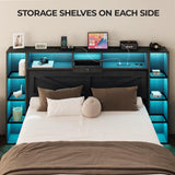 Siihnon Queen Bed Frame with Bookcase Headboard and Bedside Storage, Black Farmhouse Bed Frame Queen Size with Charging Station and LED Lights, Heavy Duty Metal Slats, Noiseless, No Box Spring Needed Siihnon