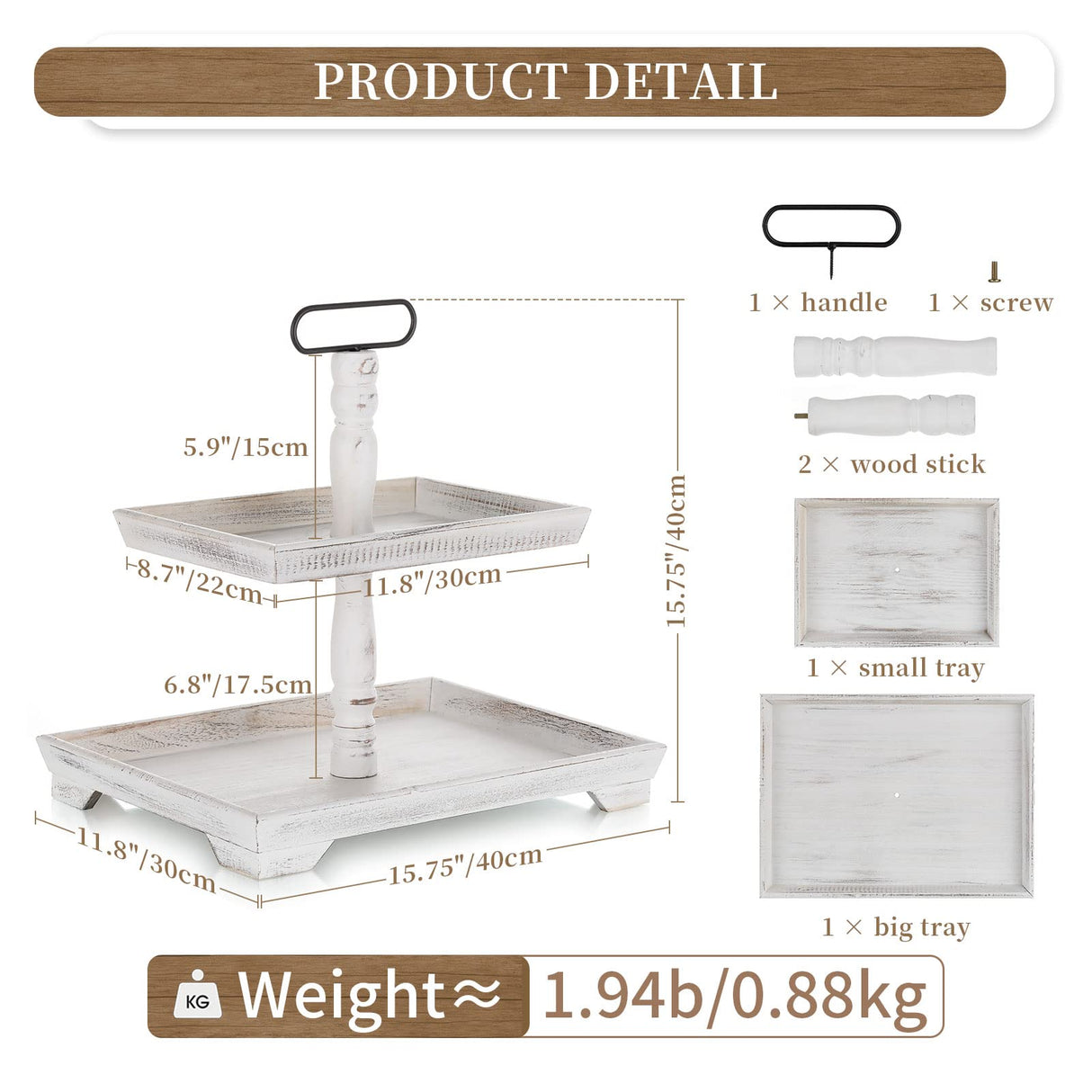 Hanobe Farmhouse Tiered Tray Stand: Rustic White Wood 2 Tier Serving Tray Decor Two Rectangle Wooden for Kitchen Counter Centerpieces Coffee Bar Easter Fall Halloween Thanksgiving Christma Hanobe