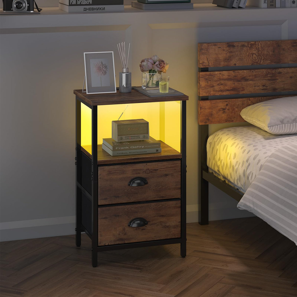 Sthmec Rustic Brown Industrial Nightstand Set of 2, Bedside Table with 2 Fabric Drawers, 3-Tier Storage, LED Light, Charging Station, 11.38''D * 15.38''W* 24.75''H sthmec