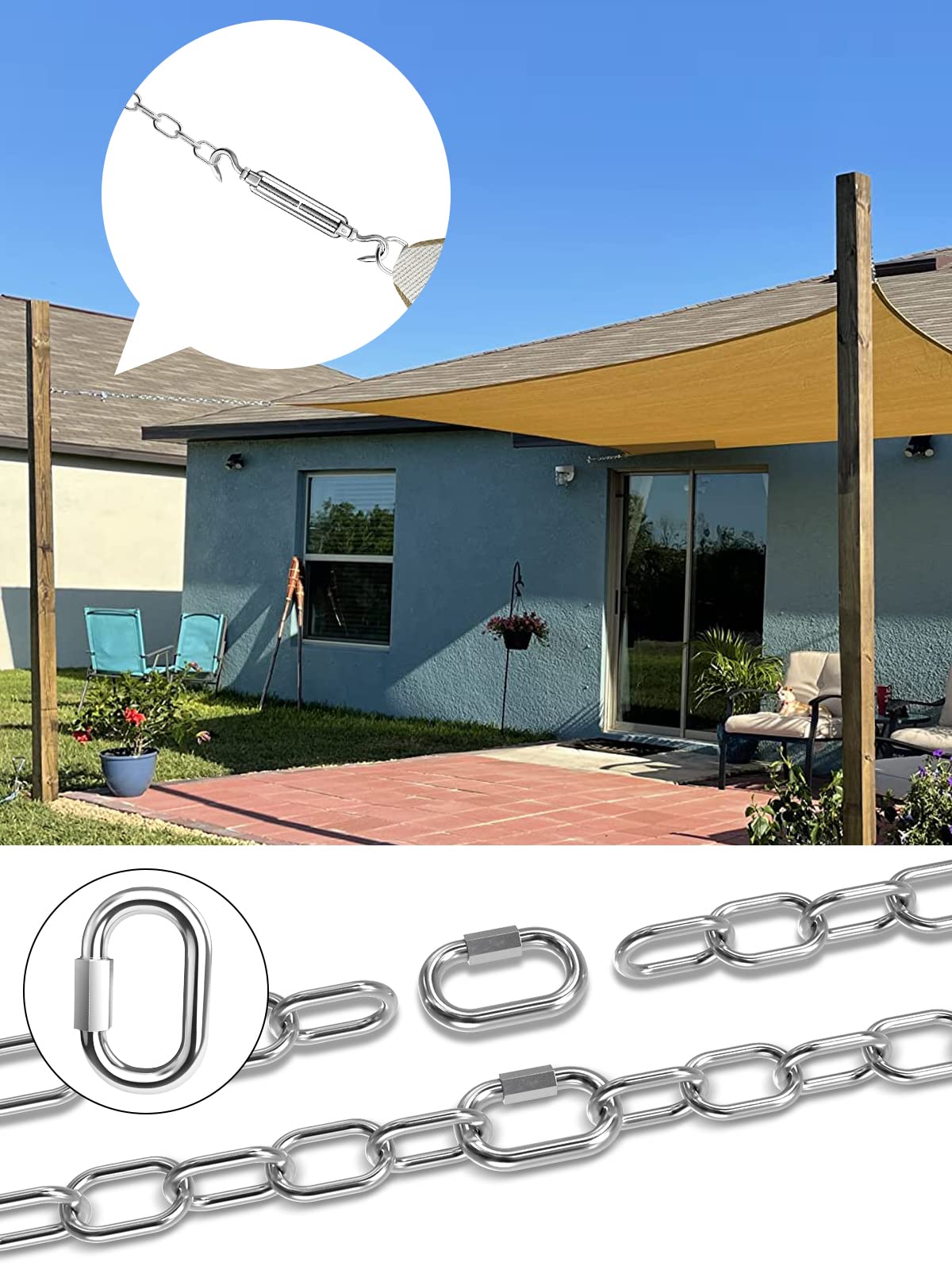 TooTaci Sun Shade Sail Hardware Kit Rectangle,304 Stainless Steel Hanging Chains 1M× 4pcs, 54pcs 6 inch Shade Sail Hardware Kit with Chains for Sun Sail Installation,Outdoor,Pergola,Patio Canopys TooTaci