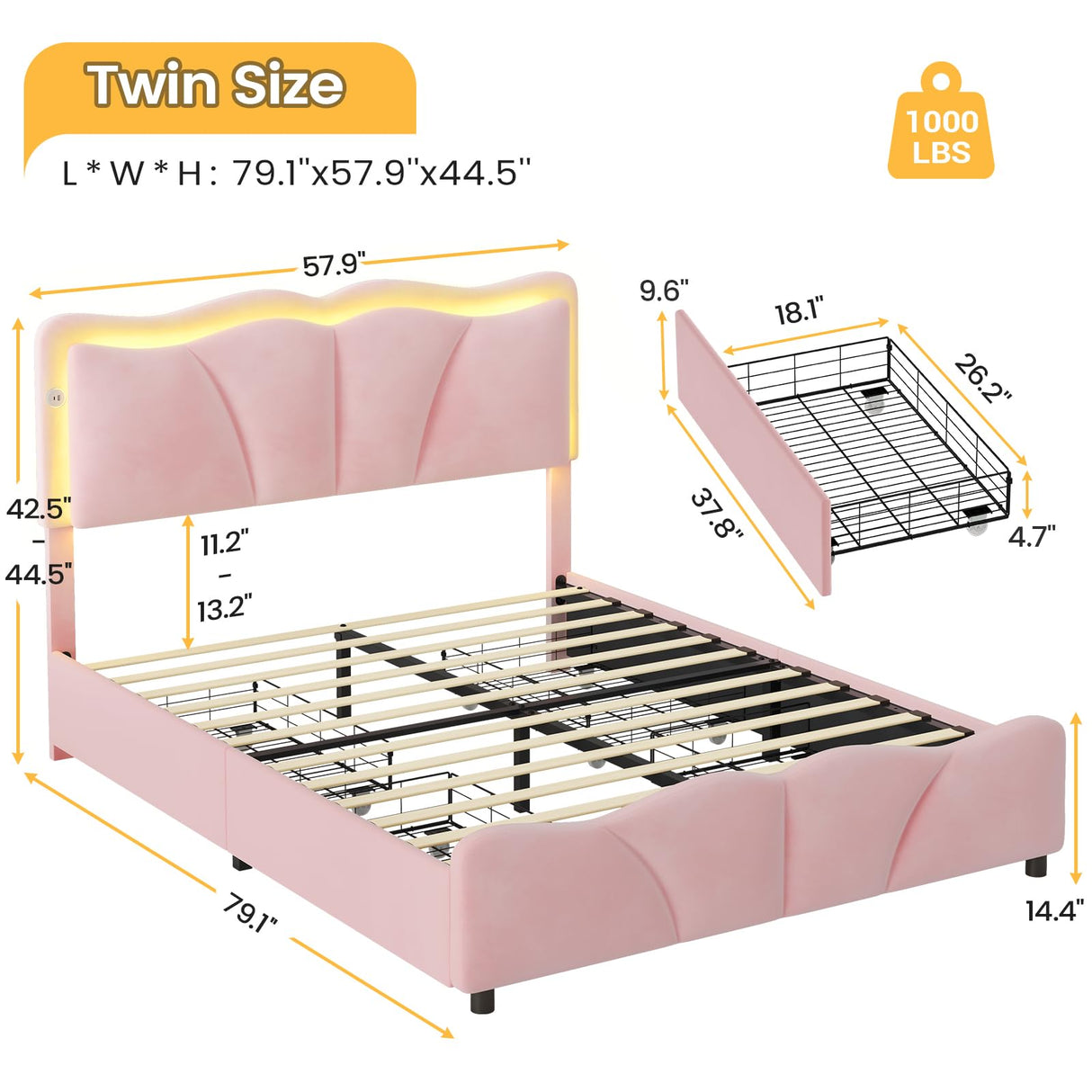 FORABAMB Full Size Bed Frame with 4 Drawers, Upholstered LED Bed Frame with Adjustable Flowers Headboard, Platform Bed Frame Full Size with Wooden Slats Support, No Box Spring Needed, Pink FORABAMB