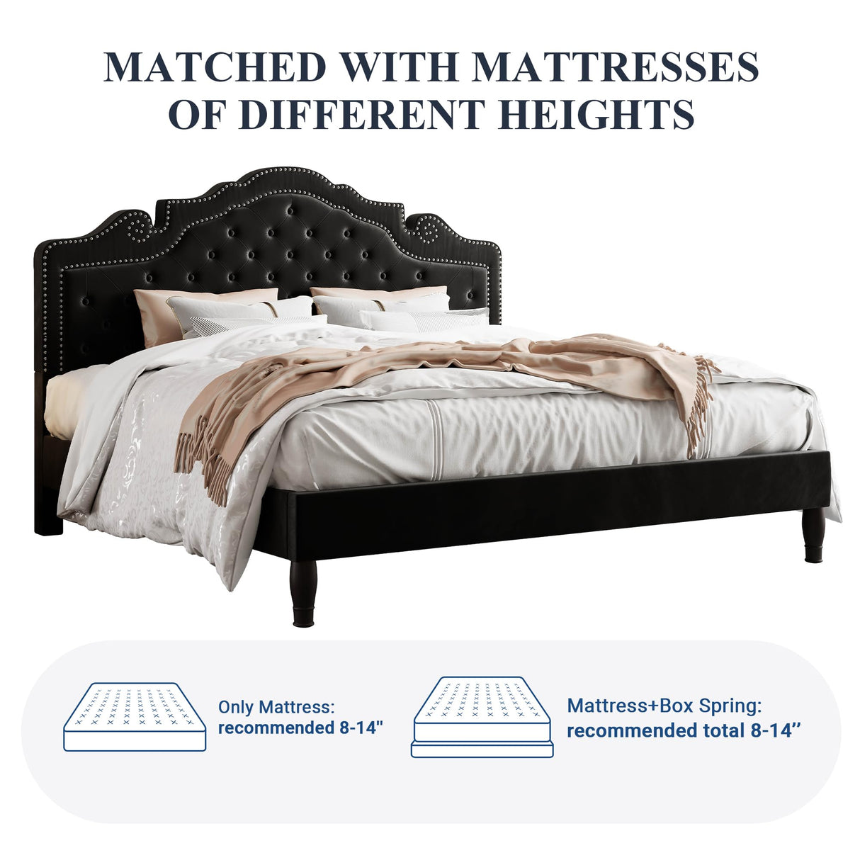 Allewie King Size Platform Bed Frame with Adjustable Velvet Tiara Headboard, Upholstered Diamond Button Tufted, Wood Slats Support, No Box Spring Needed, Mattress Foundation, Easy Assembly, Black Allewie