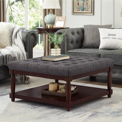 24KF Upholstered Square Coffee Table with Wooden Shelf, Tufted Button Large Square Ottoman with Spindle Wooden Legs, Linen Large Footrest Ottoman Pouf for Living Room, Dark Gray