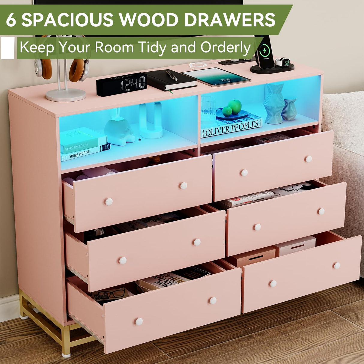 Jojoka Wide Dresser for Bedroom with Charging Station, 6 Drawer Dresser with LED Lights, Modern Large Capacity Storage Cabinet, Wood Dressers & Chests of Drawers Closet,Pink… Jojoka