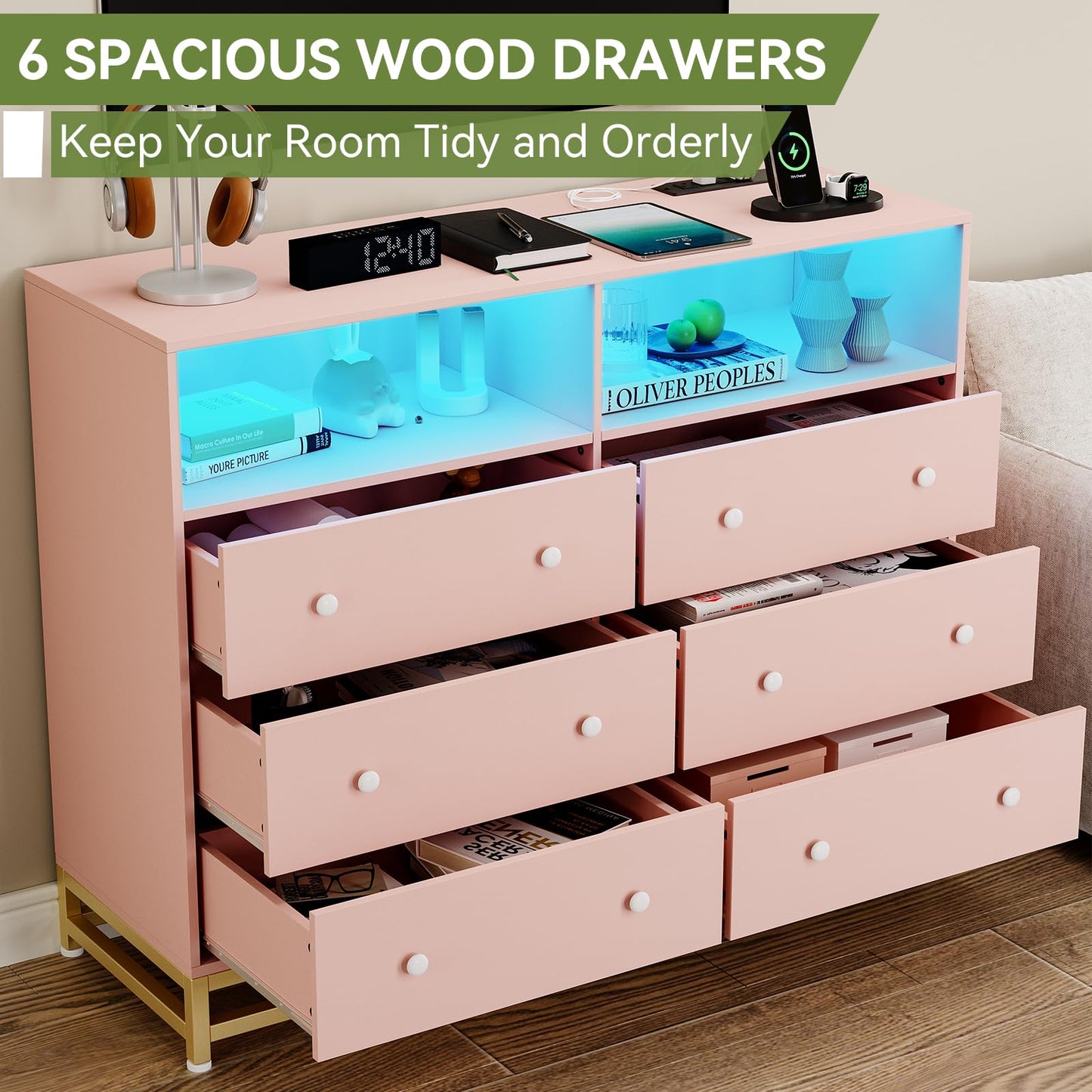 Jojoka Wide Dresser for Bedroom with Charging Station, 6 Drawer Dresser with LED Lights, Modern Large Capacity Storage Cabinet, Wood Dressers & Chests of Drawers Closet,Pink… - WoodArtSupply