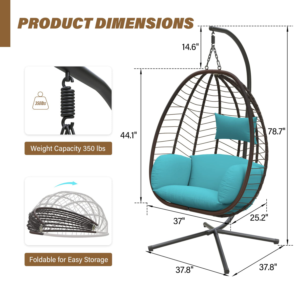 ALAULM Egg Swing Chair Outdoor Indoor Wicker Rattan Hanging Chair with Stand 350lbs Capacity w/Strong Frame & Blue Cushions for Patio Balcony Bedroom ALAULM